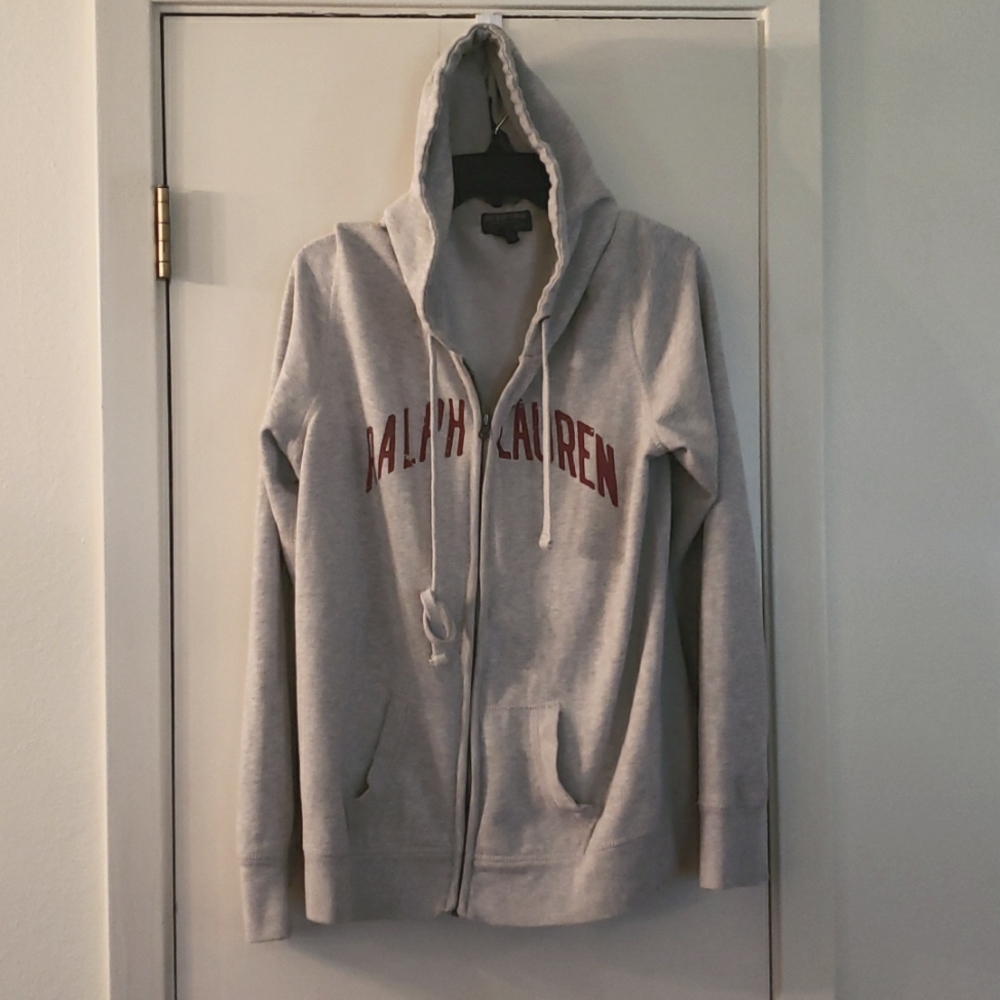 Grey Ralph Lauren Polo brand hoodie zip up sweatshirt XL red print